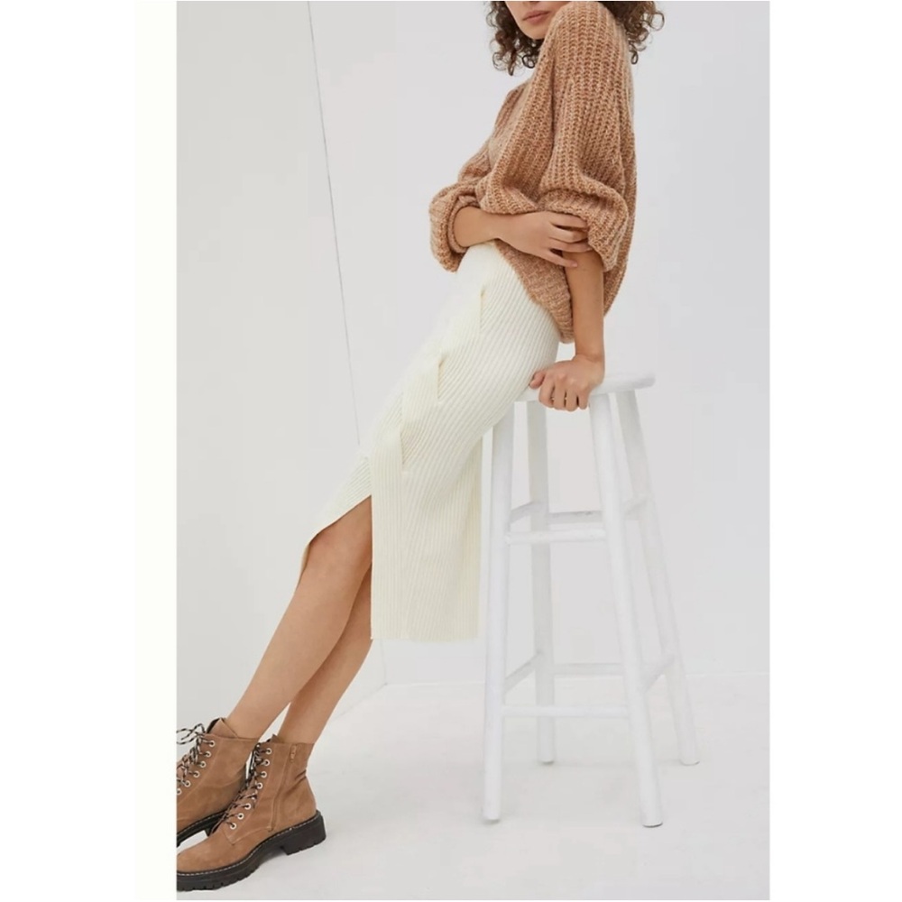 Maeve Anthropologie Ivory Rib Knit Midi Skirt Side Twist Detail Size Medium